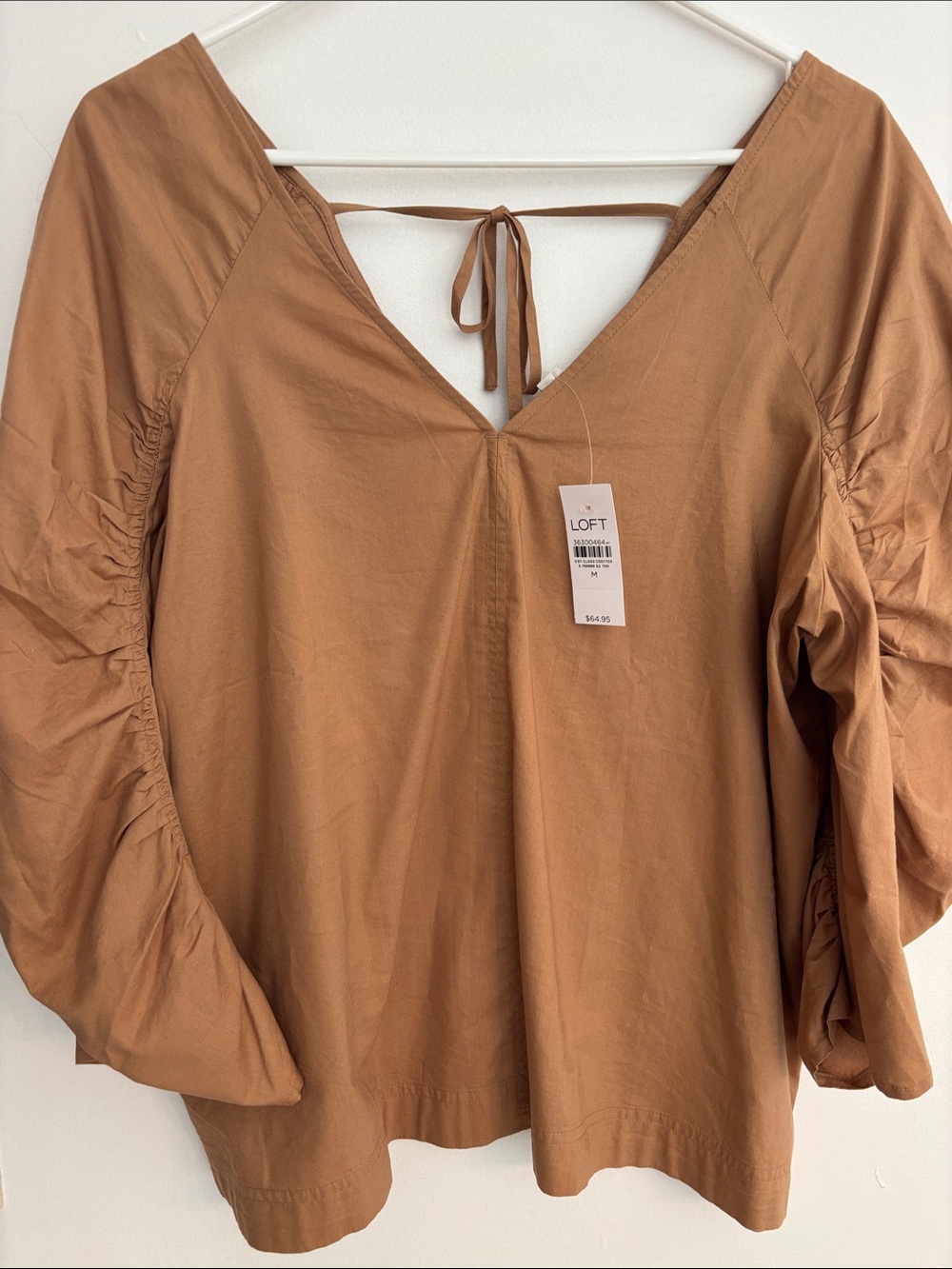 LOFT Tie-Back V-Neck Blouse. 3/4 length sleeves. Medium. NWT. Camel color.